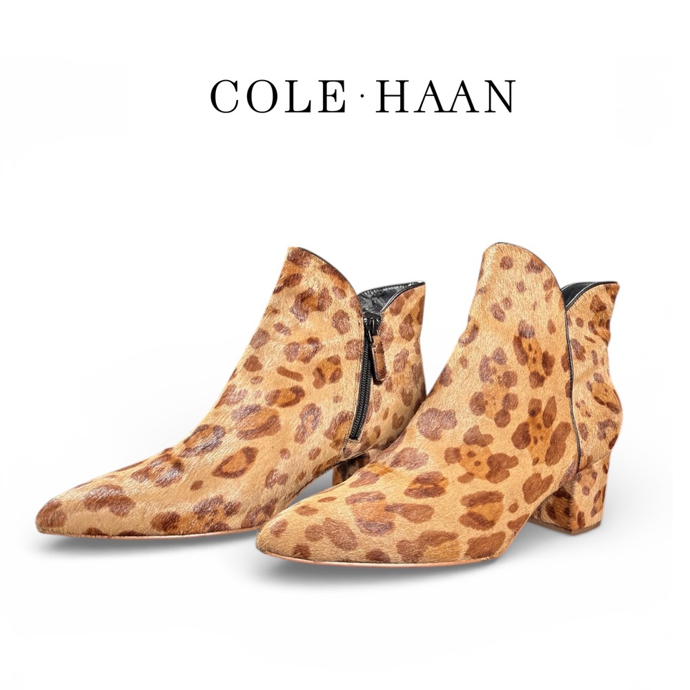 Cole Haan Calf Hair Leopard Print Ankle Boots Block Heel Womens US 9B Chic Fur